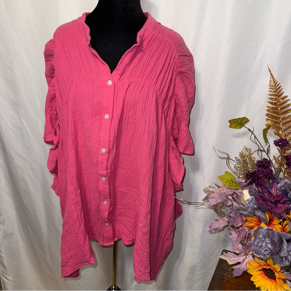 BIBI Pink Crinkle Gauze Button Front Boho Top Oversized Medium - Picture 1 of 8